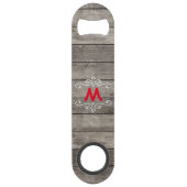 Rustikaler Holz-Blick mit Monogramm Speedflaschenöffner (Rückseite)