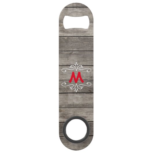 Rustikaler Holz-Blick mit Monogramm Speedflaschenöffner (Vorderseite)