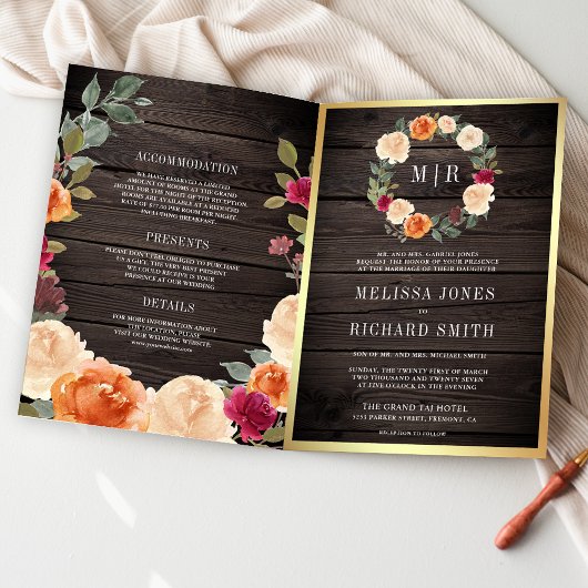 Rustikaler Holz-Blumenkranz QR Code Hochzeit Einladung