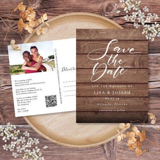 Rustikaler Holz-Foto-QR-Code Save-the-Date Postkarte
