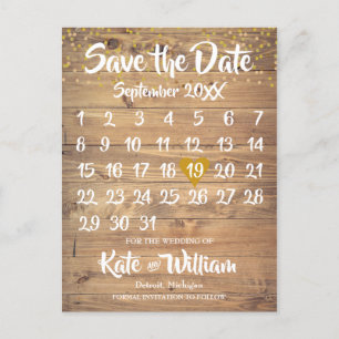 Rustikaler Holz-Gold-Liebesherz-Kalender Save-the- Ankündigungspostkarte