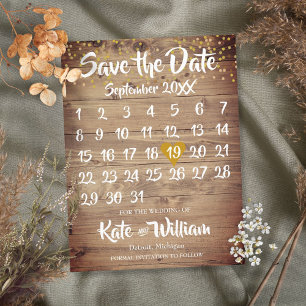 Rustikaler Holz-Gold-Liebesherz-Kalender Save-the- Ankündigungspostkarte