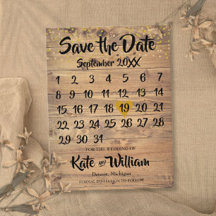 Rustikaler Holz-Gold-Liebesherz-Kalender Save-the- Ankündigungspostkarte