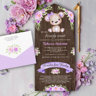 Rustikaler Holz-Lila-Blumen-Teddybär-Baby-Party All In One Einladung