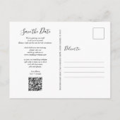 Rustikaler Holz-QR-Code-Script Save-the-Date Postkarte (Rückseite)