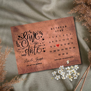 Rustikaler Holz Save-the-Date-Kalender Roter Herz Postkarte