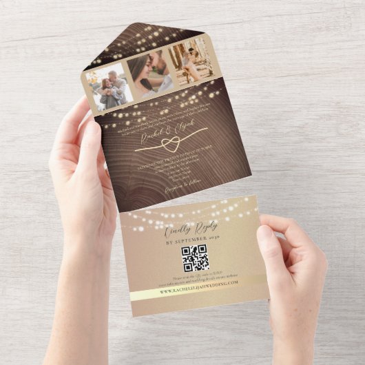 Rustikaler Holz-String-Lichter Hochzeitsstift QR-C All In One Einladung (Abreißen)