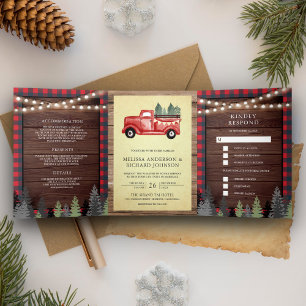 Rustikaler Holz Vintage-Roter Weihnachts-LKW-Hochz Dreifach Gefaltete Einladung