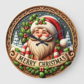 Rustikaler Holz-Weihnachtsmann Fröhlich Große Wanduhr (Vorderseite)