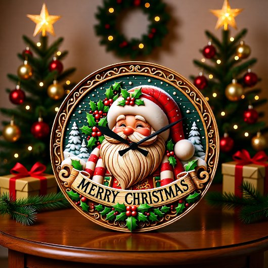 Rustikaler Holz-Weihnachtsmann Fröhlich Große Wanduhr