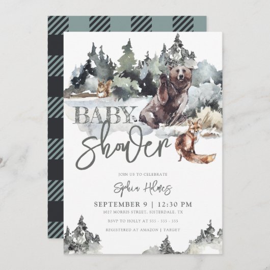 Rustikaler Holzbär & Mountains Kinderdusche Einladung (Vorne/Hinten)