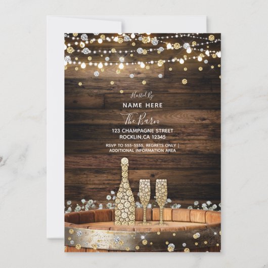 Rustikaler Holzbarrel Lights Champagner Silvester Einladung (Rückseite)
