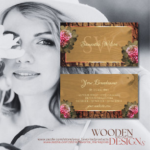 Rustikaler Holzbaum Rinde Blütenrosen Monogramm Visitenkarte