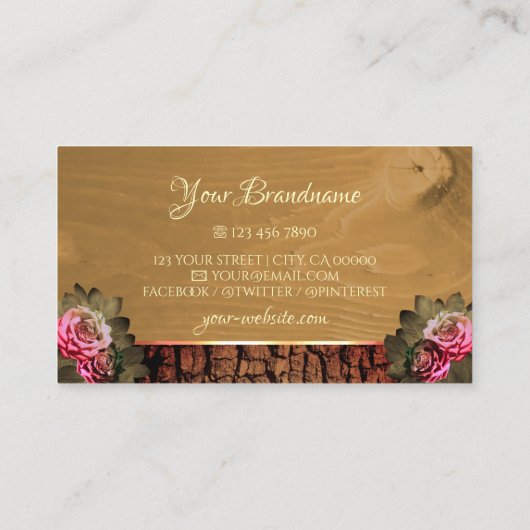 Rustikaler Holzbaum Rinde Blütenrosen Monogramm Visitenkarte (Rückseite)