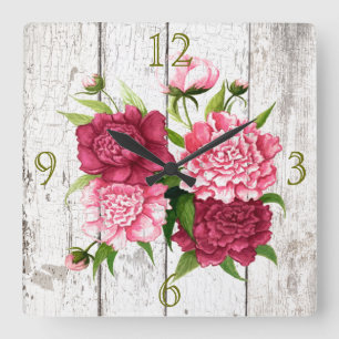 Rustikaler Holzeinschlag mit Peonies Wall Clock Quadratische Wanduhr