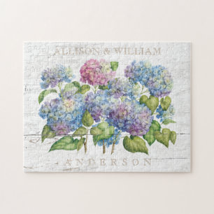 Rustikaler hölzerner blauer Hydrangea verbindet Puzzle