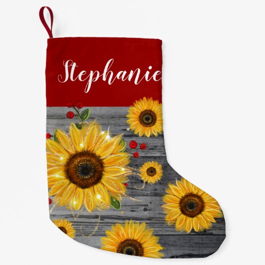 Rustikaler hölzerner Goldsonnenblume-Name Kleiner Weihnachtsstrumpf (Vorderseite)