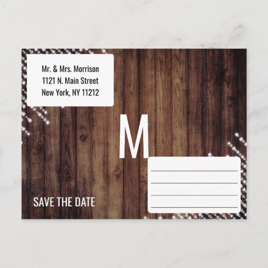 Rustikaler hölzerner hängender Diamant beleuchtet Ankündigungspostkarte (Rückseite)