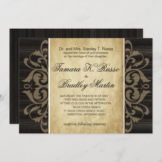 Rustikaler hölzerner mit Filigran geschmückter Tan Einladung (Vorne/Hinten)