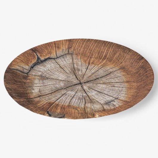 Rustikaler hölzerner Stamm-WegwerfpapierTeller Pappteller (Schrägansicht)
