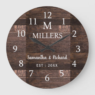 Rustikaler Holzfamilienname Monogram Bauernhof Große Wanduhr