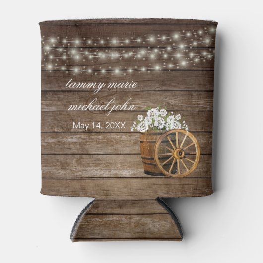 Rustikaler Holzfass mit weißen Blume Dosenkühler (Vorderseite)