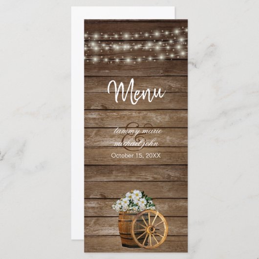 Rustikaler Holzfass und weiße Blume Menükarte (Vorne/Hinten)