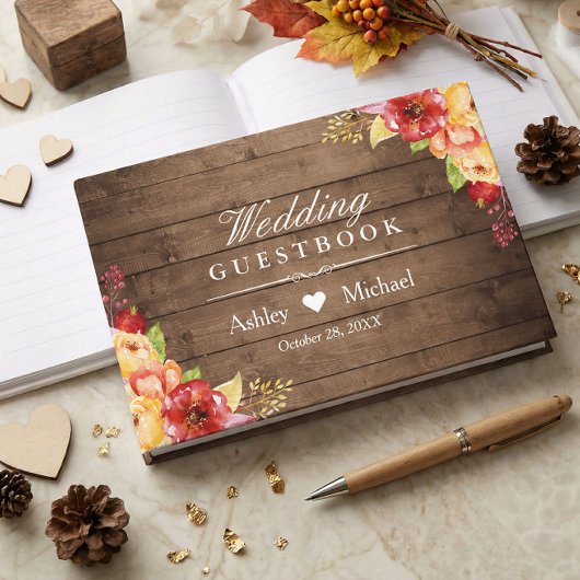 Rustikaler Holzherbst lässt Blumenhochzeit Gästebuch