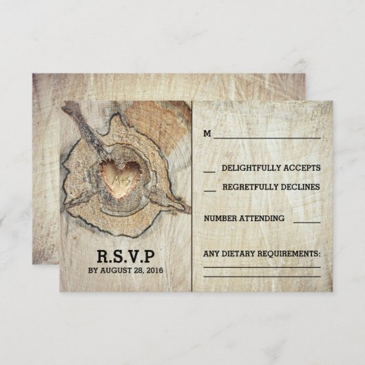 Rustikaler Holzherzenbaum Hochzeitskarten RSVP Karte (Vorne/Hinten)