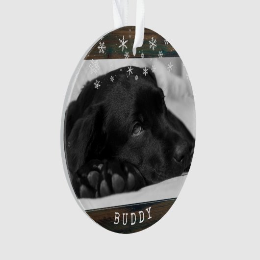 Rustikaler Holzhund Foto Schneeflocken Keepake Ornament (Vorderseite)