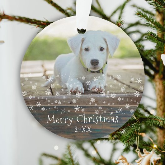 Rustikaler Holzhund Foto Schneeflocken Weihnachten Ornament