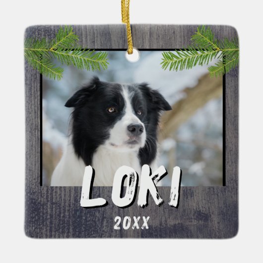 Rustikaler Holzhund Foto Weihnachtsgebäck Keramikornament (Vorderseite)