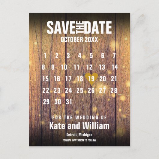Rustikaler Holzkalender Save the Date Liebe Herz Ankündigungspostkarte (Vorderseite)