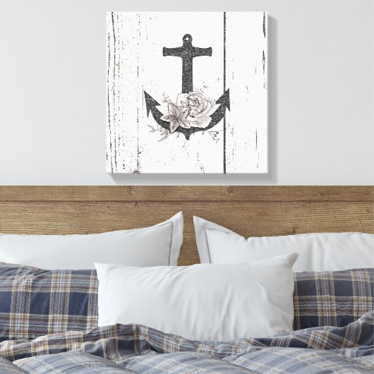 Rustikaler Holzküstenstrand Anker Vintage Blütenwe Leinwanddruck (Insitu (Schlafzimmer))