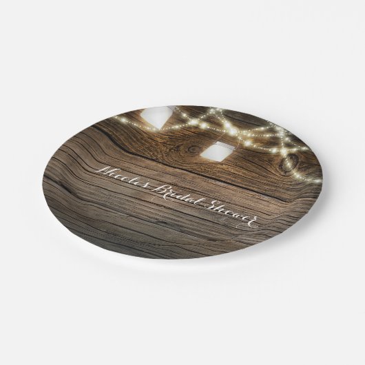 Rustikaler Holzmason Jar String Lights Country Gla Pappteller (Schrägansicht)