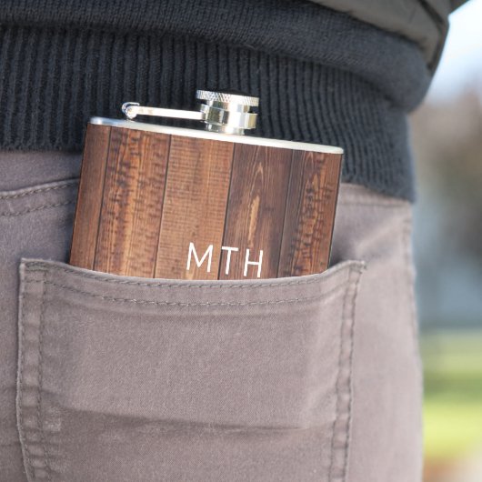 Rustikaler Holzmonogramm-Hüftkolben Flachmann (Beispiel)