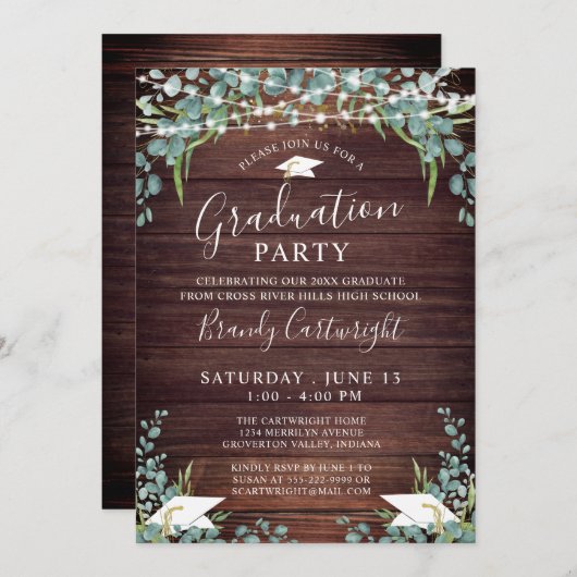 Rustikaler Holzofengrün, String Lights Abschluss Einladung (Vorne/Hinten)