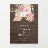 Rustikaler Holzpalme Dusty Pink Roses QR Code Hoch Dreifach Gefaltete Einladung (Cover)
