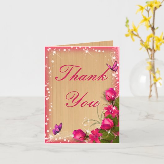 Rustikaler Holzrosa Blumenschmetterling Danke Kart Karte (Gelbe Blume)