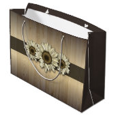 Rustikaler Holzsack mit weißer Sonnenblume Große Geschenktüte (Rückseite Schrägansicht)