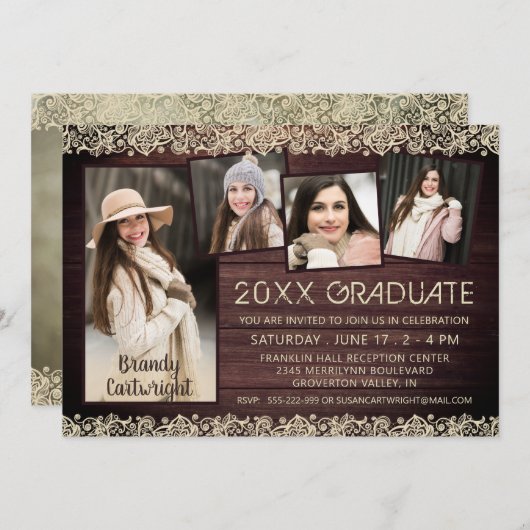 Rustikaler Holzschnitt 5 Foto Collage Abschluss Einladung (Vorne/Hinten)