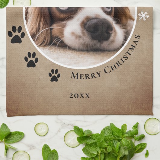 Rustikaler Hund Foto Frohe Weihnachten Geschirrtuch (Gefaltet)