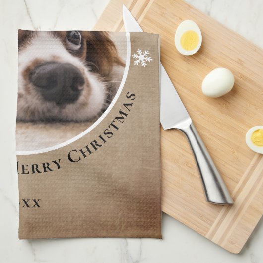 Rustikaler Hund Foto Frohe Weihnachten Geschirrtuch (Viertel Falte)
