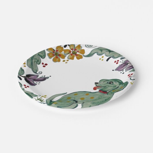 Rustikaler Hund Welpe Aquamarin farbenfrohe Bauern Pappteller (Schrägansicht)