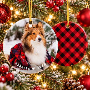 Rustikaler Hunde-Foto-Name Roter Buffalo-Karo-Weih Keramik Ornament