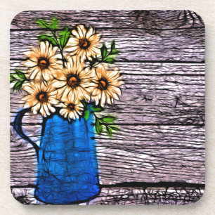 Rustikaler Impressionismus blaue Vase gelbe Daisy Getränkeuntersetzer