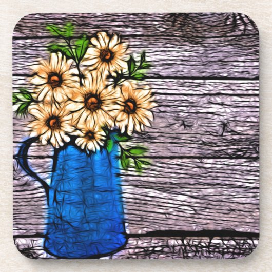 Rustikaler Impressionismus blaue Vase gelbe Daisy Getränkeuntersetzer (Vorderseite)