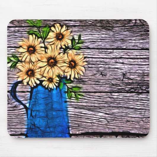 Rustikaler Impressionismus blaue Vase gelbe Sonnen Mousepad (Vorne)