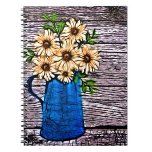 Rustikaler Impressionismus blaue Vase gelbe Sonnen Notizblock
