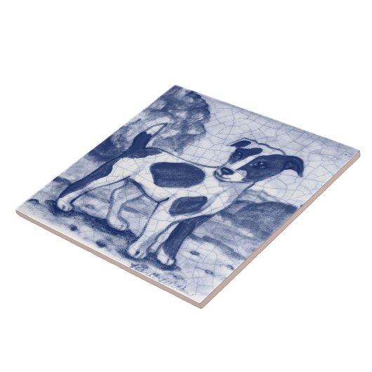 Rustikaler Jack Russell Terrier Dog Blue Delft Ded Fliese (Seite)